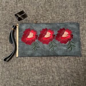 Floral Embroidered Faux Leather Denim Blue Wristlet - BRAND NEW
